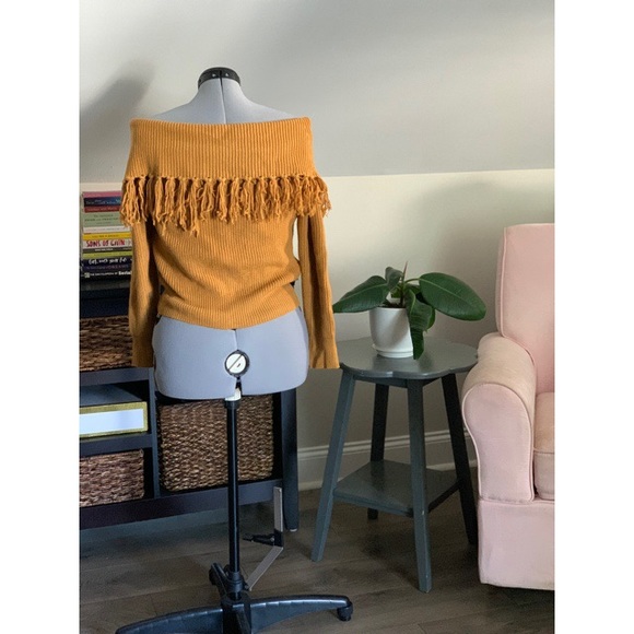 Mustard Off Shoulder Fringe Sweater - Picture 3 of 4